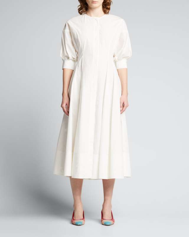Balloon-Sleeve Fit-&-Flare Midi Dress